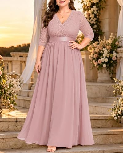 Image of Pinup Fashion Wedding Dresses for Bride Plus Size - Formal Evening Gown Wrap Neck Lace Chiffon Long Dress