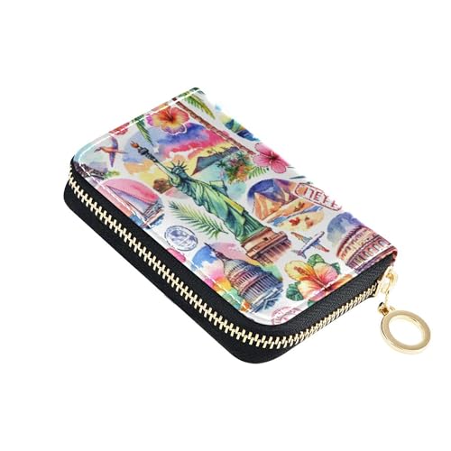 Burbuja Famous Landmarks Credit Card Holder for Women Men RFID Blocking, Leather Accordion Zipper Card Case Wallet 11 Slots
