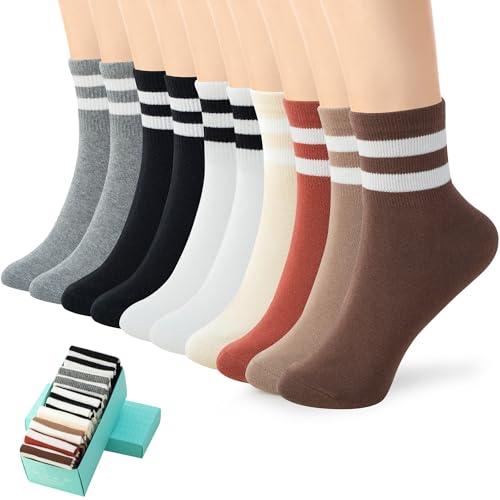 Image of SISOSOCK Quarter Crew Cotton Socks for Women Striped Athletic Casual Breathable Socks 10 Pairs with Gifts Box
