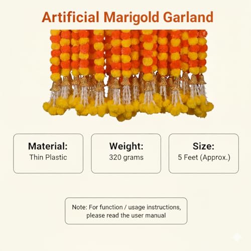 DIYANA IMPEX Marigold Garland for Decoration 5 Pcs of 5 feet Long Strands Artificial Marigold Flowers with Bell, Indian Décor for Pooja/Diwali Decorations/Christmas (Orange + Yellow)