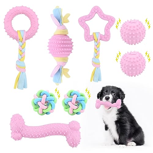 8 Pieces Puppy Dog Teething Toys,Dog Chew Toys for Puppy Teething Cute Pink Dog Toys,Small Dogs Teeth Clean Toy with Ball and Cotton Rope,Durable Rubber Chew Toys for Puppies Small Dogs