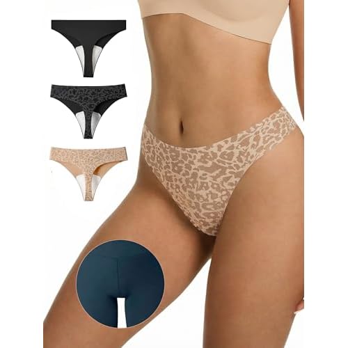 LUCKMEEY Cotton Thongs for Women Seamless Thongs for Women No Show Thong Panty Liners Workout G-String Thongs Underwear 3p-black+leopard Skin+leopard Black Medium