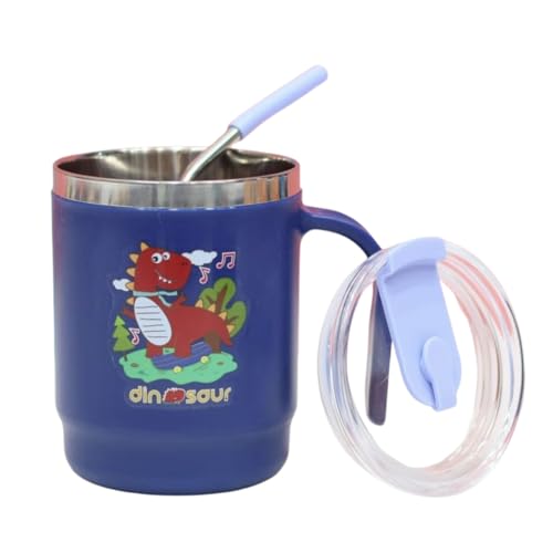 Image of Insulated Mug with Lid and Straw, Stainless Steel,12.5 x 11.5 cm, with Handle (Dino)
