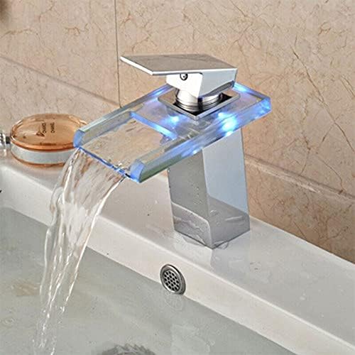 Basin Faucet Waterfall LED 3 Color Glass Outlet Bathroom Battery Powered Basin Mixer Tap Chrome Deck Mounted Hot Cold Tap(Chrome Faucet B)