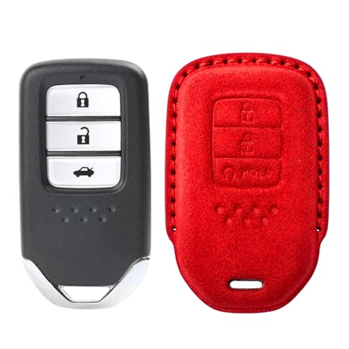 Image of KMH Alcantara Car Key Cover Compatible with Honda City, Civic, Jazz, Amaze, CR-V, WR-V, BR-V Models 3 Buttons Shell Case Holder Full Key Protector Smart Keycover (D2) Red - Pack of 1