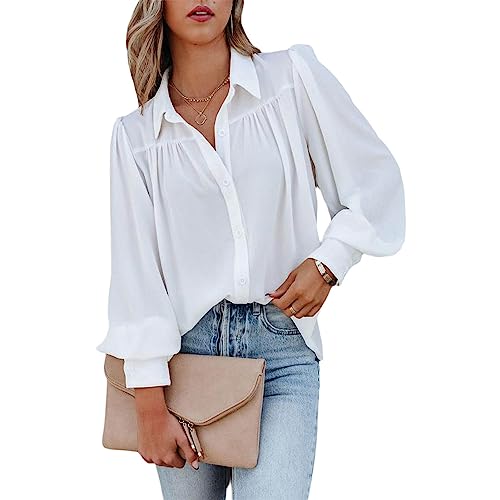 OULIWANGLUO Women's Lantern Sleeve Pleated Loose Shirt Casual Solid Color V Neck Blouse Tops Lapel Button Down Puffed Sleeves Shirt (White,XL)