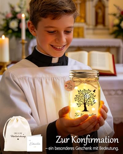 Leboria LED Flaschenlicht Geldgeschenk Konfirmation mit Konfirmationskarten, Lebensbaum Geld Konfirmation Geschenk, Geschenke zur Konfirmation Mädchen Jungen, Konfirmationsgeschenke für Jungs Mädchen
