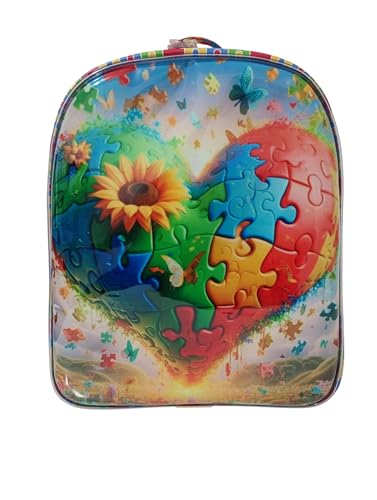 Mochila Infantil com Estampa de Coração Puzzle, Tema Autismo, Colorida, para Crianças