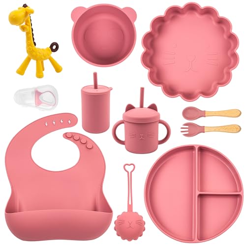 Image of Kiddie Crave Baby Feeding Supplies Set of 11 – Ultra Soft Silicone Baby Utensils – Colorful Baby Led Weaning Supplies with Spoons, Bibs, Bowls – Comfortable and Safe Baby Plates (Pink)-L8