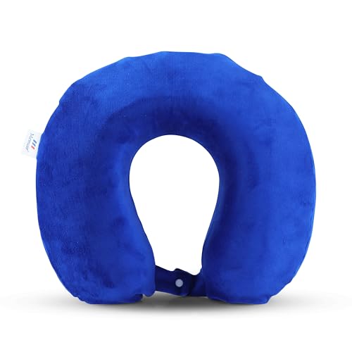 Image of Memoir MEMORY FOAM U-NECK TRAVEL PILLOW Neck Support, Color Blue Round Shape Travel in Aeroplane | Car | Train | Bus, for Men and Women, Soft Velvet Cover, Durable Long Lasting, Skin Friendly