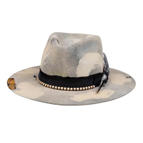 Image of RUEDIGER Vintage Wide Brim Fedora Hats 100% Wool Stiff Felt Hat Rancher Hat with Lightning Logo Handmade Distressed /Burned