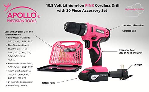 APOLLO TOOLS Powerful Lightweight Pink Cordless Drill, Lithium Ion Battery with 30-Piece Accessory Drill Bit Set - Pink Ribbon - DT4937P