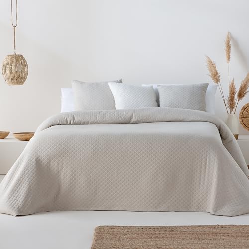 GAMUSI Colcha Cama 150 cm Ligera Entretiempo Primavera Verano Lisa Jacquard algodón Transpirable, 250x270 cm, Color Beige