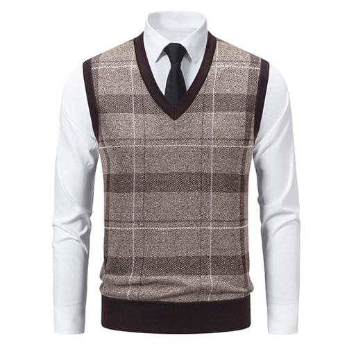 Men’s Sleeveless Pullover Sweater Vest Knitwear V Neck Plaid Pattern Classic Soft Casual Knit Tank Business Outfits4