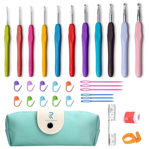 Image of VIRADHAM Crochet Hooks Set, 12 Sizes Ergonomic Crochet Hook Kit with Soft Grip Handles for Arthritic Hands, Crochet Kit for Beginners, Knitting & Crochet Needles with Accessories and Zipper Case - Gift for Women (30 Pcs Multi - Colours)