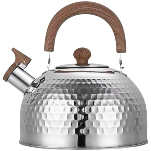 Bollitore a fischio in acciaio inox martellato con manico in legno, 2 l, 3 l, 4 l, fondo piatto, compatibile con fornelli a gas ad induzione, grande capacità, bollitore per acqua e tè (argento)