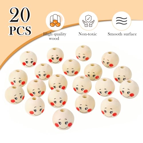 Redamancy 20 Pcs Smiley Wooden Balls, 20mm & 5mm with Hole, Natural Wooden Beads for Crafts & DIY Decorations, Worry Worms, Lucky Worms - Image 2