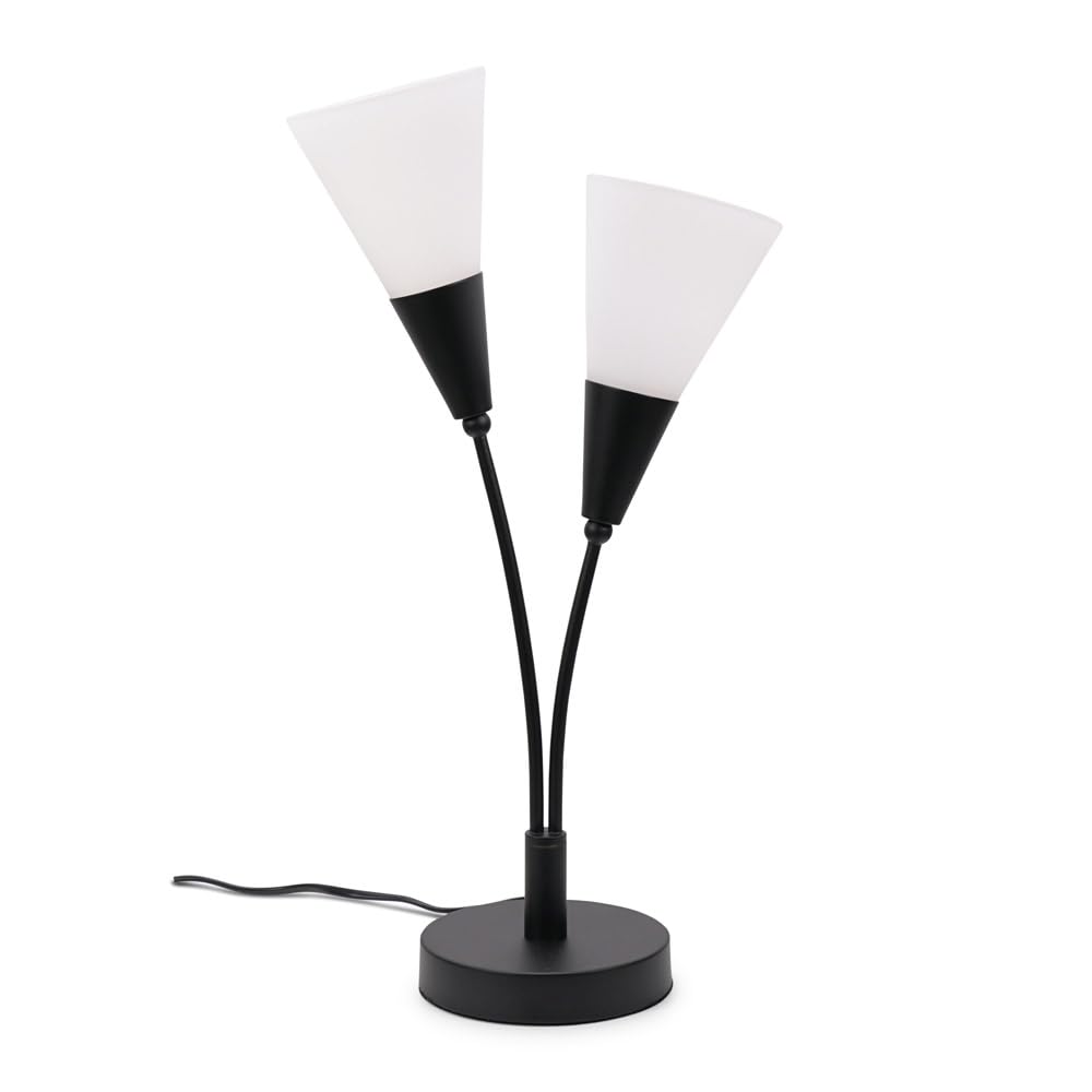 ValueLights | Traditional Black 2 Arm Table Lamp with White Frosted Glass Shades | Home Décor, Bedside & Desk Lamp | Includes Bulb