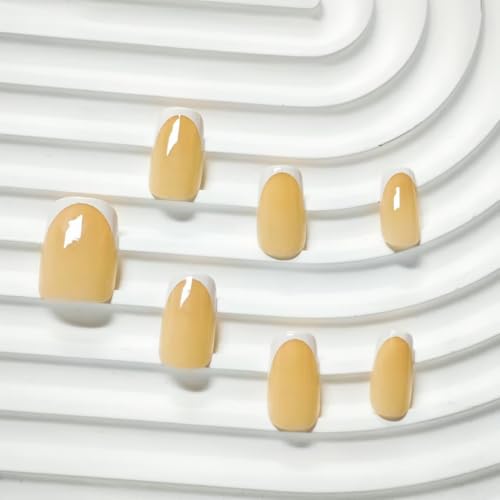 Image of French Tip Press on Nails White Fake Nails Short Square False Nail Nude Glue on Nails Glossy Acrylic Full Cover Stick on Nail for Women DIY Nail Art Decoration 24pcs