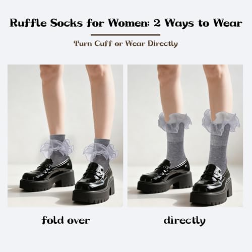 Image of Women Big Ruffle Ankle Socks Adult Double Lace Frilly Socks Fold Cuff Cotton Ruffled Dress Crew Bobby Bride Sock