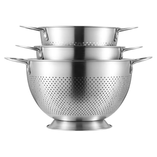Colander Stainless Steel Set of 3 Colander with Handle & Round Base Stackable Kitchen Strainer Metal Food Strainer for Pasta, Spaghetti, Vegetable, Fruit and Rice (1.5qt/ 2qt/ 4qt)