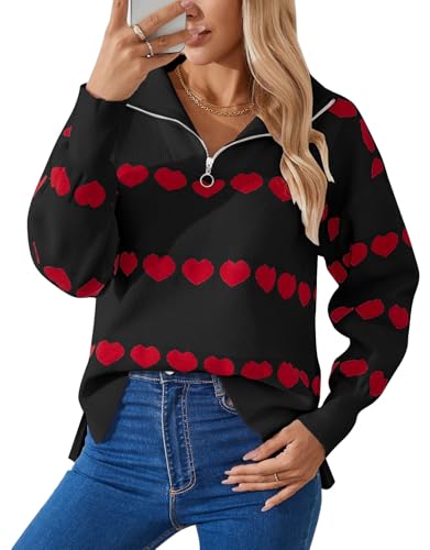Women's Zip Up Pullover Sweaters Long Sleeve Side Slit Loose Casual Cute Heart Knit Sweater