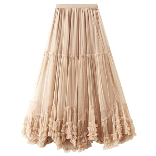Flygo Women's Maxi Tulle Skirt Long Tiered A Line Mesh Tutu Fairy High Elastic Waist Pleated Layered Skirts