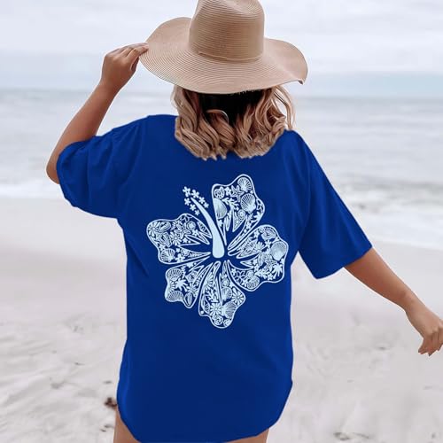 Image of Hawaiian T Shirts for Women Oversized Aesthetic Hibiscus Flower Beach Shirt Teens Preppy Tropical Graphic Tee Tops