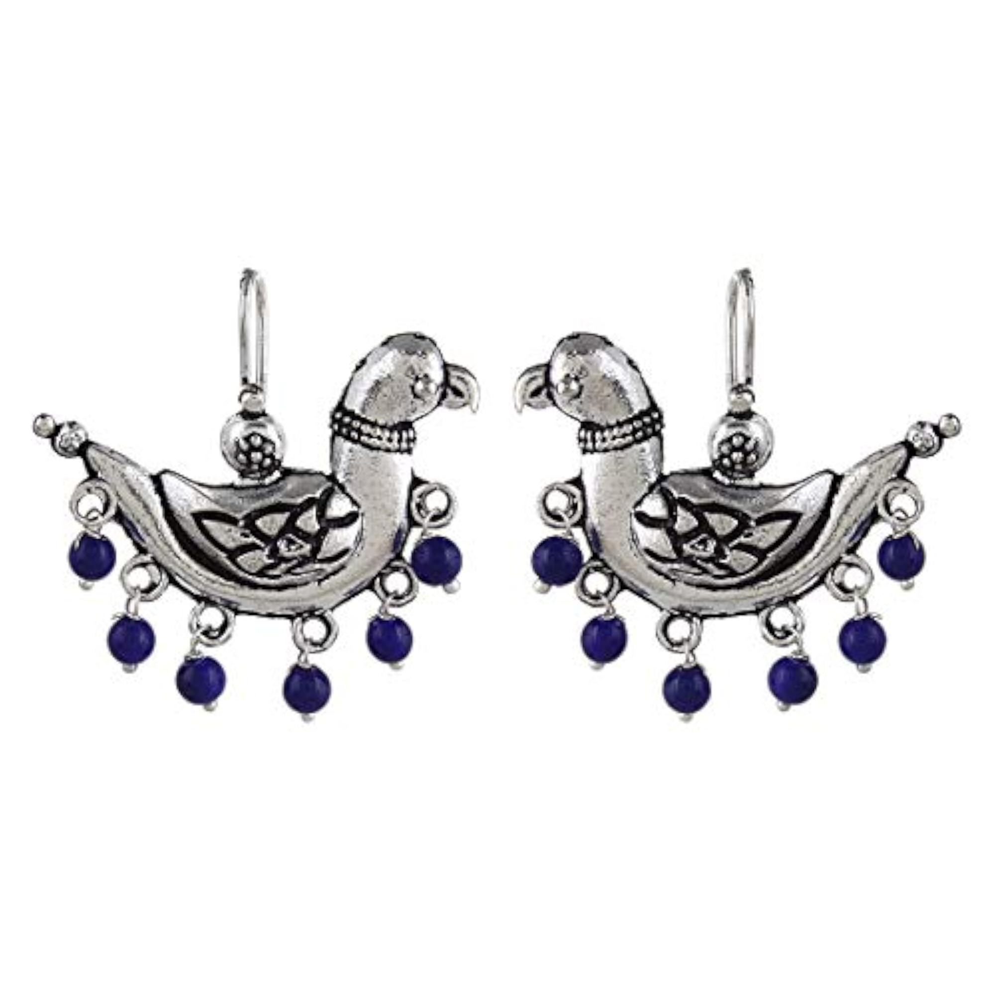 Oxidised Bird Dangle Earrings with Blue Bead Drop