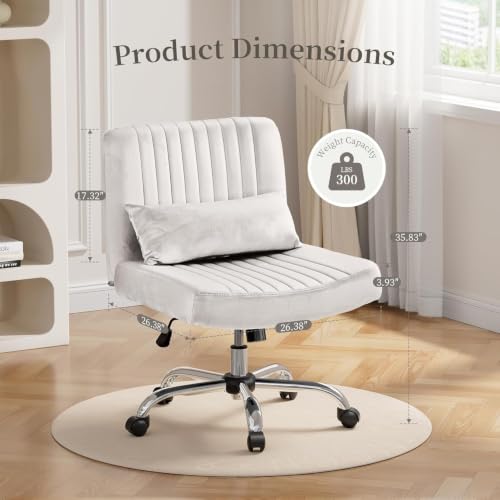 Image of Velvet Criss Cross Desk Chair with Wheels, Luxury Cross Legged Office Office, Swivel Wide Seat Vanity Chair, Armless Adjustable Height Gaming Chair Gift, Dusty (2, White)