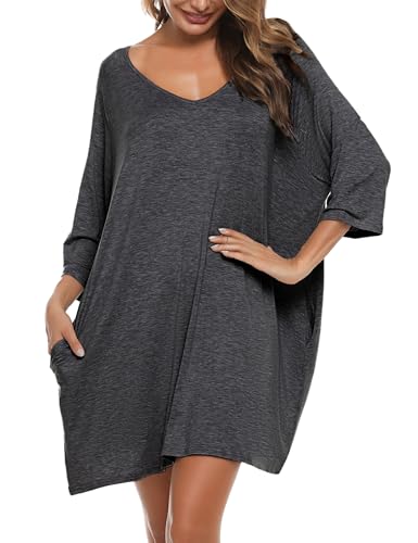 Bresdk Schlafshirt Damen Baumwolle 3/4 Ärmel Lang Große Größen Sleepshirt Frauen Nachtwäsche Dunkelgrau XL