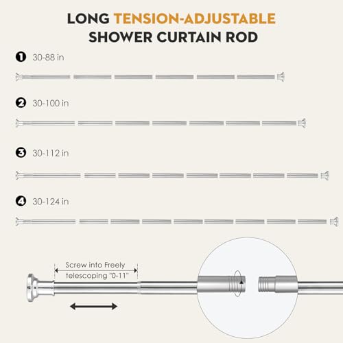 Image of Silver Long Curtain RodTension Shower Curtain Rods 30 to100 inch Adjustable Spring Heavy Duty Rods for Bathroom Windows Outdoor No Drill No Slip Stainless Steel