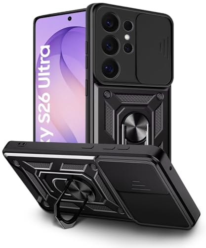 Image of WOW IMAGINE Tough Armor Bumper Mobile Back Case for Samsung Galaxy S26 Ultra 5G 2026 | Sliding Camera Cover | Shock Proof 360 Protection | Hybrid PC + TPU | Ring Holder with Kickstand - Black