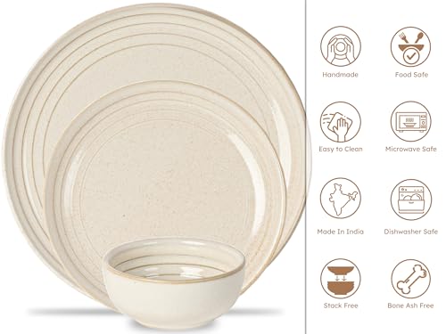 Image of Bodhi House Handcrafted Chip Resistance Porcelain Dinner Set, 12 Pieces Dish Set Serving for 4, Microwave and Dishwasher Safe, Bone-ash Free, Crockery Set for Dining and Gifting, Spanish White