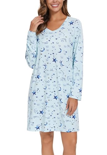 Image of Kabento 2 Pack Long Sleeve Nightgowns for Women Soft Cotton Night Gowns Sleepwear V Neck Nightshirts