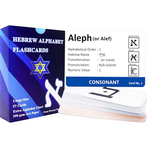 Zivosely Hebrew Biblical Alphabet Flashcards, Complete Large Size 57 Cards Includes Consonants, Vowels, with Dagesh & Final Form, Hebrew Alef Bet Letter Educational Cards for Jewish Language Learning