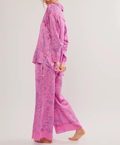 Image of Women Satin Pajama Set Floral Silk Pajamas 2 Piece Lounge Sets Button Down Shirts Wide Leg Pants Pjs Sleepwear