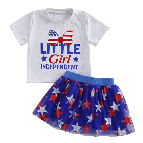 Image of Kayotuas Toddler Baby Girl 4th of July Outfit American Flag Shirt Red Blue Stars Tulle Tutu Skirts Kids Fourth of July Dress