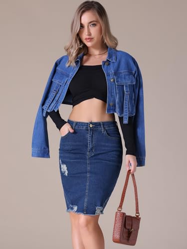 Women's Denim Skirt Stretch Denim High Waisted Raw Hem Above The Knee Pencil Skirt Jean Skirts3