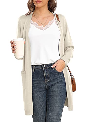 Viishow Women's Long Sleeve Open Front Draped Loose Knit Midi Length Lightweight Cardigan Sweater Coat With Pockets, Apricot, Large #TOP1