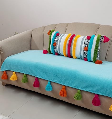 Image of Blue Sofa Cover Multicoloured Tassels: Couch Slipcover: Thick Fabric, Scratch & Paw Resistant, Sofa Protector: Seat Protection -Set of 2 Seat Covers- 5 Seater Sofa Cover Set (3+2 Seater)