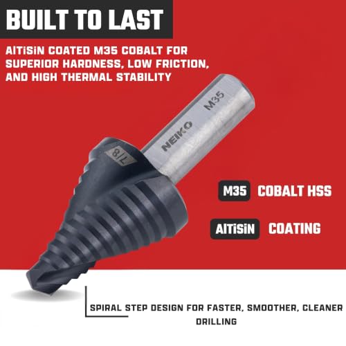 Image of NEIKO 10619B Step Drill Bit, 1 Step 7 /8 inch Spiral M35 Cobalt, AlTiSiN Coated, 3 /8 inch Tri-Flat Step Bits for Steel, Metal, Wood, Plastic, Unibit Cone Drill Bits, Two Flute