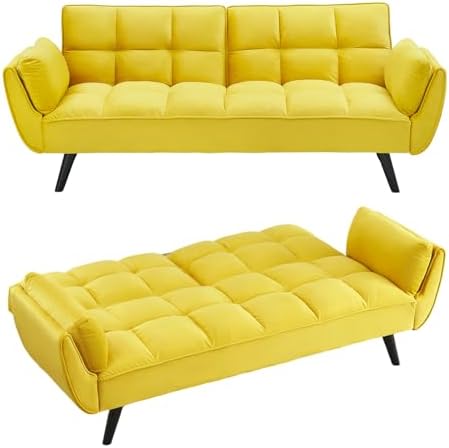 74" Convertible Futon Sofa Bed, Adjustable Backrest Sleeper Couch with 2 Pillows, Velvet Loveseat for Small Space, Apartment (Yellow)