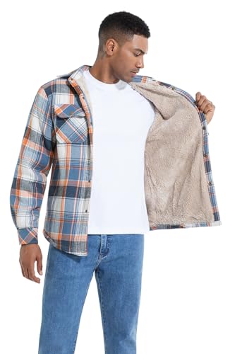 Image of Men's Sherpa Cotton Flannel Shirt Jacket Plaid Button Coat Pocket
