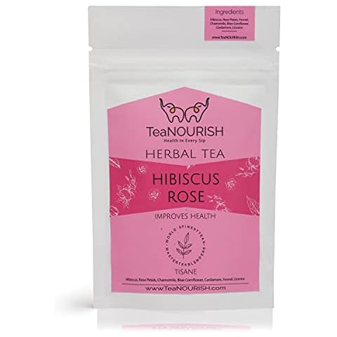 TeaNOURISH Hibiscus Rose Herbal Tea | Improves Overall Health | CAFFEINE FREE Tisane | Hibiscus, Rose Petals, Chamomile, Blue Cornflower | Hot or Cold Brew | 100% NATURAL INGREDIENTS (1.76oz/50gms) Cover