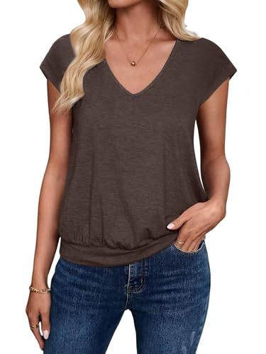 Sialois Womens Cap Sleeve Tank Tops V Neck Solid Casual Loose Fit Basic Tee Shirt Short Sleeve Tee...