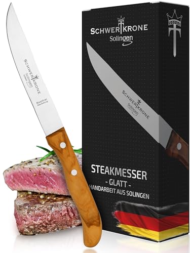 Schwertkrone Solingen Coltello da Bistecca in Legno d'Ulivo - Lama Liscia - Coltello da Tavola - Elegante coltello multiuso per carne, pizza, ecc.
