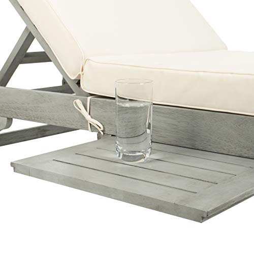 Image of SAFAVIEH Outdoor Collection Newport Grey / Beige Cushion Built-in Side Table Adjustable Chaise Lounge Chair