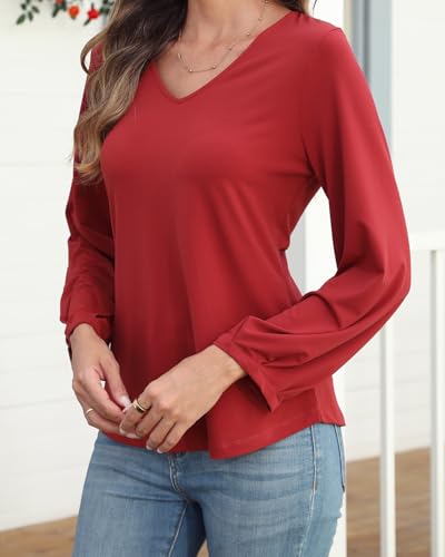 Amzdora Womens Dressy Tops V Neck Floral Long Sleeve Shirts Loose Puff Sleeve Work Blouses Casual Fall Stylish Clothes Red - image 2