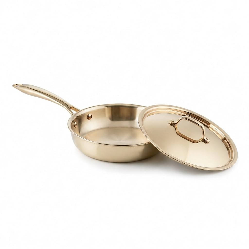 Valoris Stainless Steel Triply Champagne Gold Luxury Fry Pan with Stainless Steel Lid Heavy Gauge Tri Ply Frying Pan PVD Champagne Gold Finish Lab Tested Luxury Induction Base 24cm-image-49